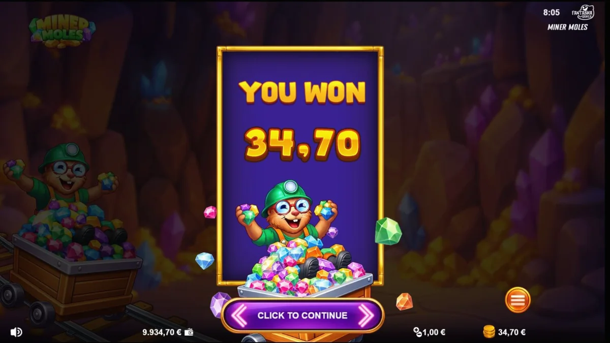 Tampilan visual slot Miner Moles dengan tema pertambangan kartun yang ceria